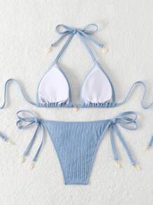 Swim Mod Conjunto de bikini de dos piezas con textura para playa de verano con cuello halter y lazo