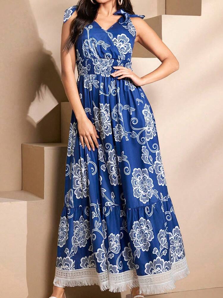 Floral Printed V-Neck Patchwork Lace Dress