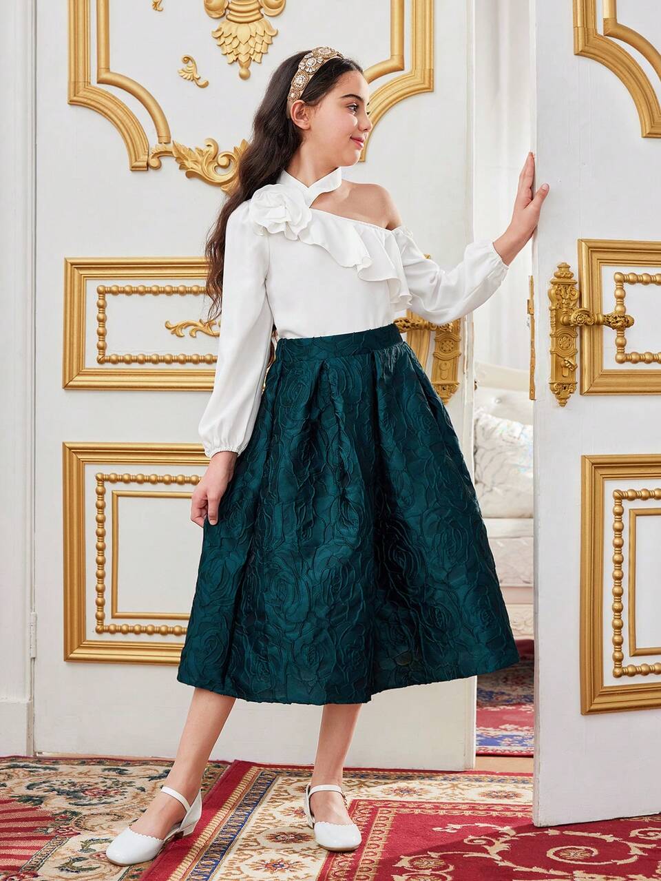 Tween Girl Asymmetrical Collar Ruffle Trim 3d Flower Long Sleeve Shirt