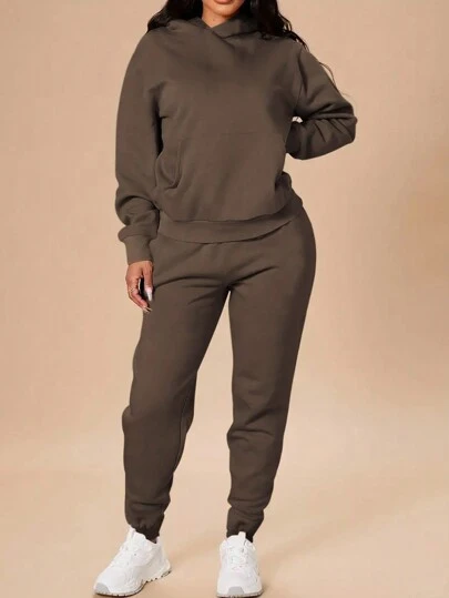 INAWLY Ladies Solid Color Long Sleeve Hoodie And Jogger Pants Two Pieces Set Fall Cloth For Women