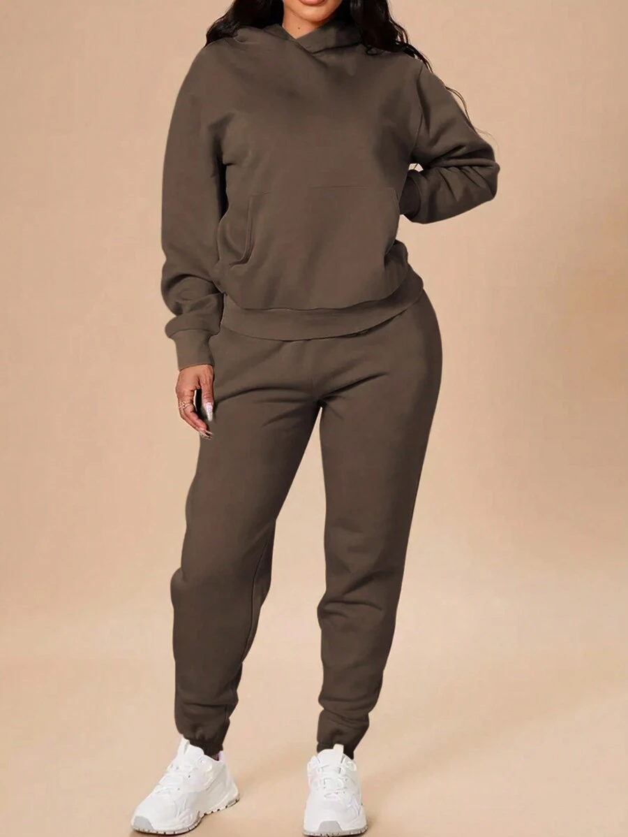INAWLY Bộ đồ hai mảnh áo hoodie dài tay màu trơn và quần jogger cho nữ - màu nâu - Xem 1