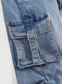 ROMWE Grunge Punk 女式休闲日常实用口袋褶皱下摆紧身弹力牛仔裤 - 藍色 - 查看 2