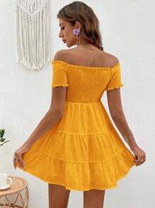 SHEIN VCAY Vestido De Verano unicolor Con Borde En Volante Y Hombros Descubiertos - Amarillo - Ver 2