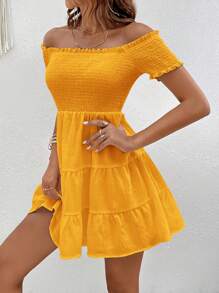 SHEIN VCAY Vestido De Verano unicolor Con Borde En Volante Y Hombros Descubiertos - Amarillo - Ver 6