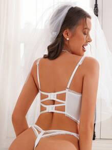 Spicy Aura Lace Patchwork Cross Straps Cut-Out Sexy Lingerie Set - White - View 2