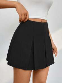 SHEIN PETITE Women's Solid Color Pleated Skirt Mini Skirt - Black - View 4