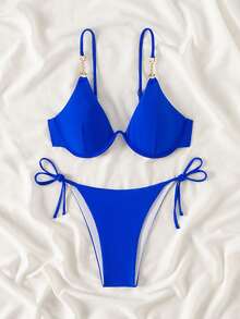 SHEIN Swim 女士纯色比基尼套装，带金属链带和分离式钢圈设计，钢圈细绳比基尼套装泳装泳衣沙滩装夏季度假夏日海滩 - 寶藍色 - 查看 3