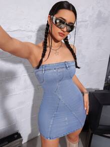 SHEIN ICON Sexy Street Music Festival Metallic Elastic Bodycon Strapless Mini Denim Dress - Dark Wash - View 3