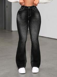 SHEIN ICON Washed Flared Jeans With Slanted Pockets - Black - View 5