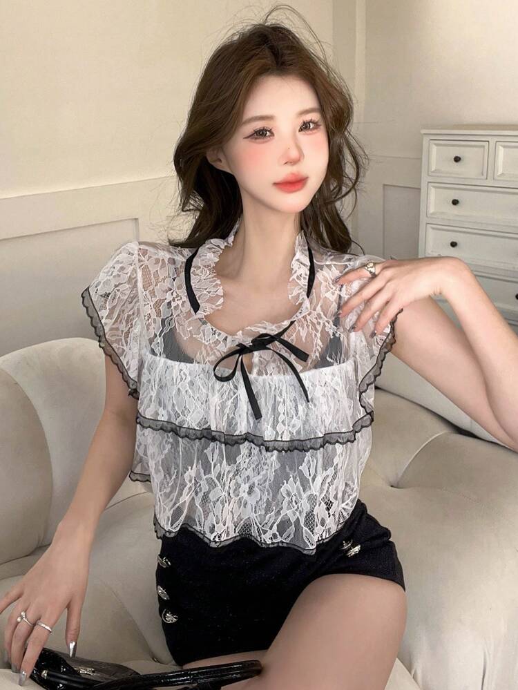 Color Block Ribbon & Lace Decor Ruffle Hem Sleeveless Blouse