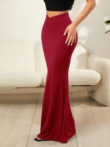 SHEIN SXY 純色v腰魚尾超長裙 - 酒紅色 - 查看 6