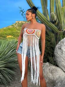 Zolique Móc sự thêu Chi tiết Hoa Viền tua Hem Áo ngực quây Knit ngọn - Nhiều màu - Xem 5