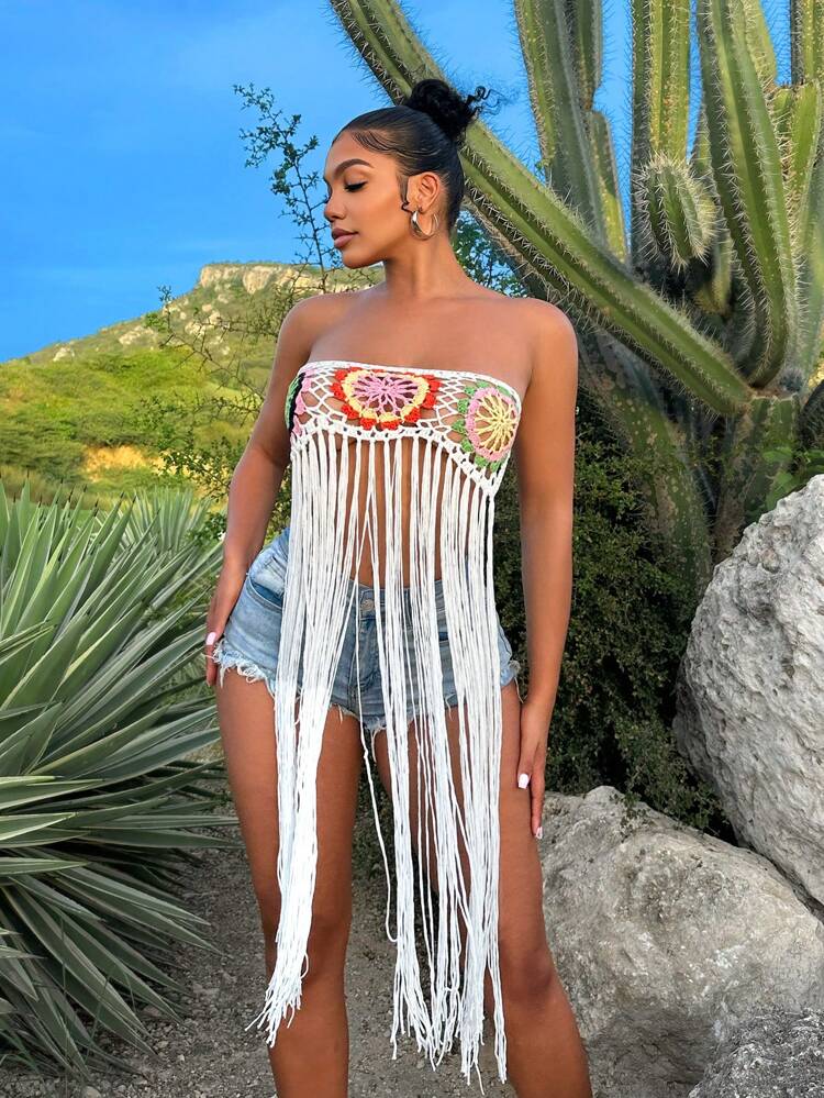 Crochet Flower Detail Fringed Hem Bandeau Knit Top