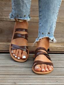 Women's Comfortable Lightweight Open-Toe Flat Sandals In Solid Brown, With Style Straps For Casual And Simple Summer Fashion - Brown - View 3