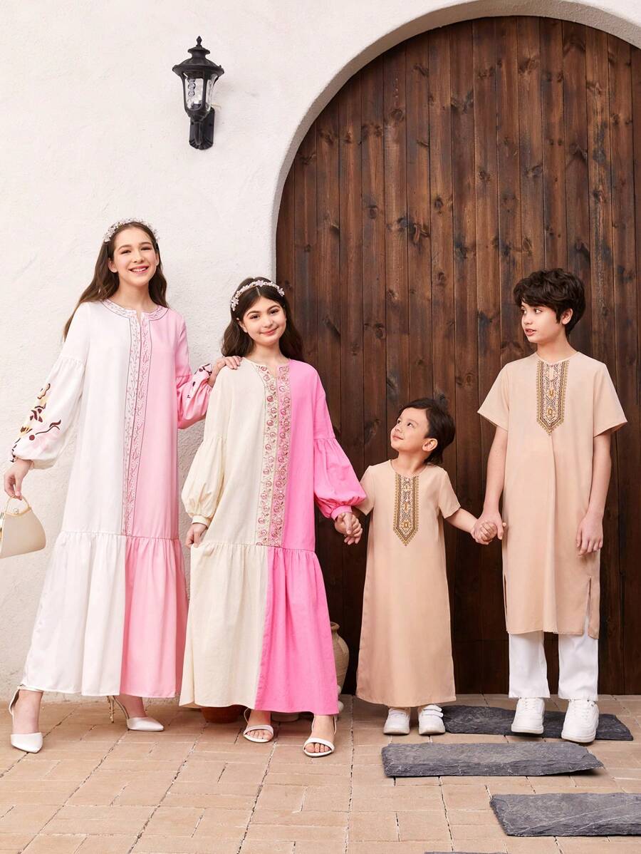 SHEIN Vestido Largo Tejido Para Niña Adolescente Con Estampado De Flores En Bloques De Color Y Mangas Tipo Farol - Multicolor - Ver 1