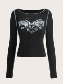 ROMWE Fairycore Wings Print Top-stitching Tee - Black - View 1