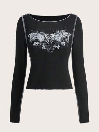 Fairycore Maglietta con stampa ali impunture