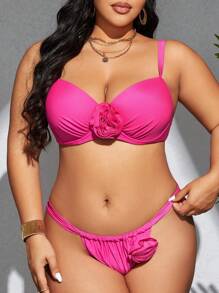 SHEIN Swim Curve Conjunto de bikini liso de talla grande con decoración de flor 3D, para playa de verano