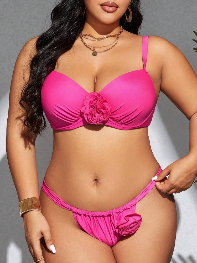 Plus Size Women's Plain Bikini Set With 3d Flower Decoration Summer Beach