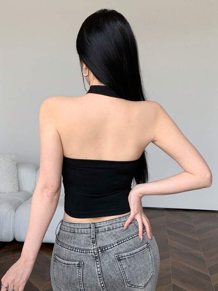 Solid Color Slim Fit Stretchy Mesh Panel Halter Crop Top Going Out Tops Summer Crop Women Tops