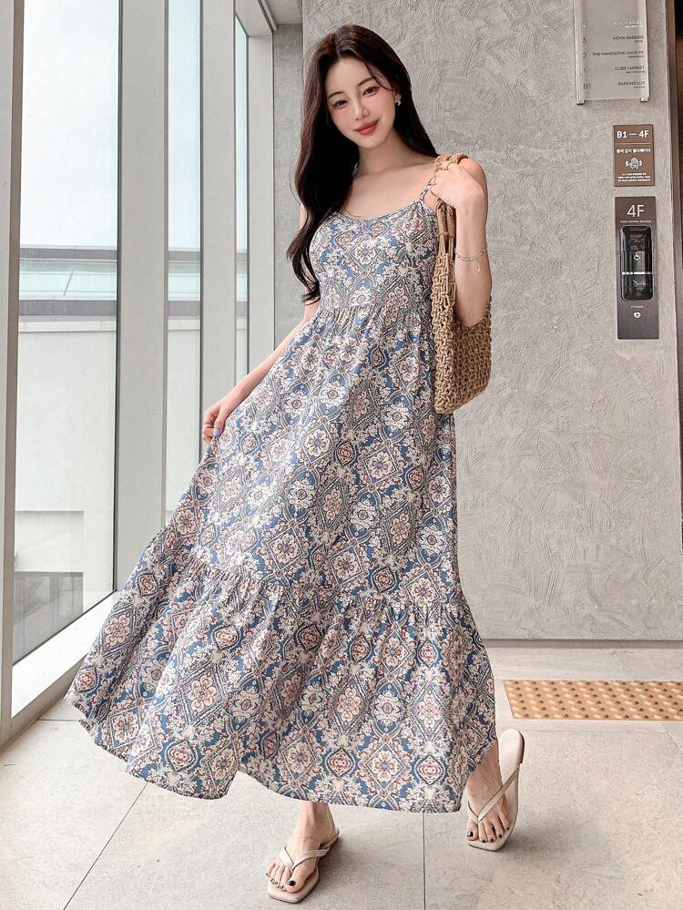 Full Length Sleeveless Cami Dress For Women Summer Boho Cruise Women Outfits Sundress Vacation Outfits Women Floral Maxi Dress