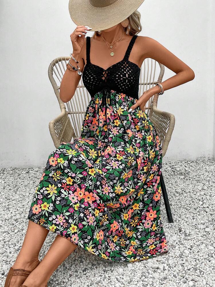 Women's Knitted Sweater Dress With Ditsy Floral Patchwork