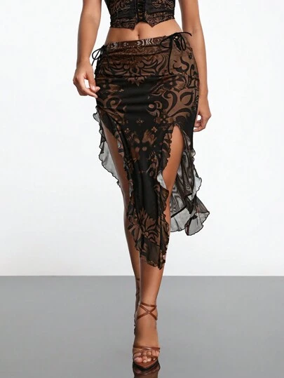 AVEEATION Designer Women's Floral Mesh Spliced Elegant Skirt With Ruffled Hem And Side Slit, For Holiday, Festival