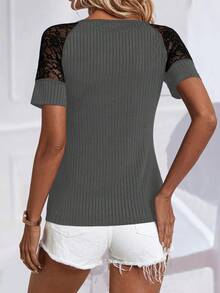 SHEIN LUNE Women's V-Neck Lace Patchwork Short Sleeve T-Shirt With Shoulder Insert Graphic Tees Women Tops - Dark Grey - View 2