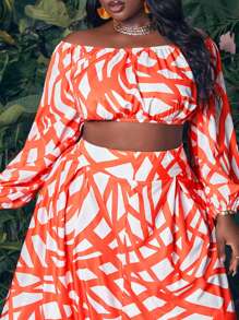 Slaydiva Conjunto De Falda Midi Acampanada Y Top De Manga Larga Con Hombros Descubiertos Para Mujer De Talla Grande