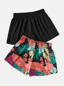 SHEIN VCAY 2pcs/Set Plus Size Set Of Botanical Print Tops And Solid Color Summer Boho Shorts - Multicolor - View 2