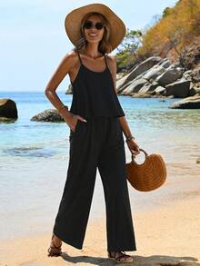 SHEIN VCAY 假期女士單色肩帶連身褲 - 黑色 - 查看 5