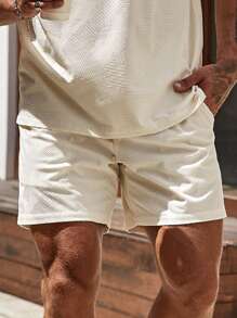 Manfinity Homme 男士純色束口短褲，汗水冷卻，襯有卡其色，假日休閒聚會好友必備 - 杏色 - 查看 1
