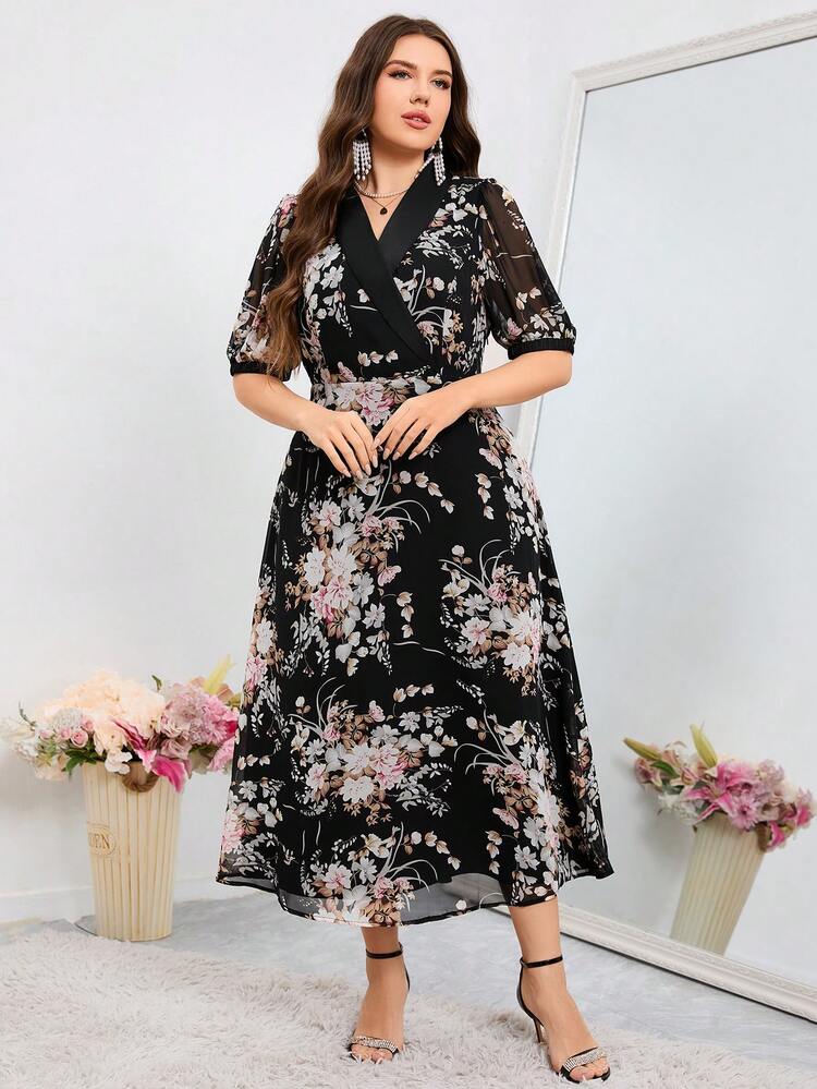 Plus Size Floral Print Dress With Shawl Collar And Puff Sleeves Long Evening Dresses