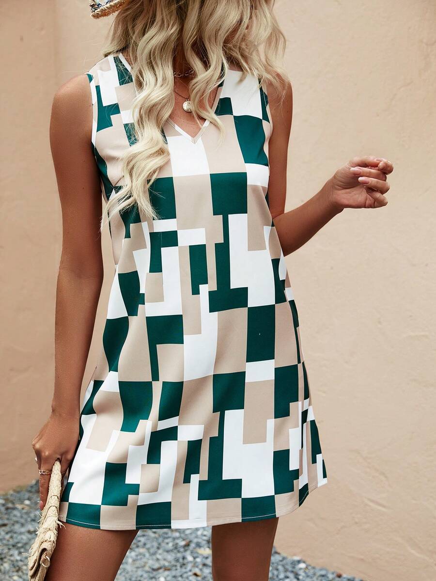 SHEIN LUNE Của phụ nữ Không tay Hình học In Đầm - trắng - Xem 1