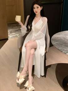 DAZY Lace & Rhinestone & Mesh Contrast Satin Nightgown Pajama - White - View 5