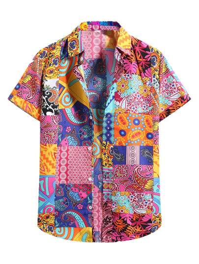 Street Life Chemise à boutons avec imprimé patchwork cachemire pour hommes, école