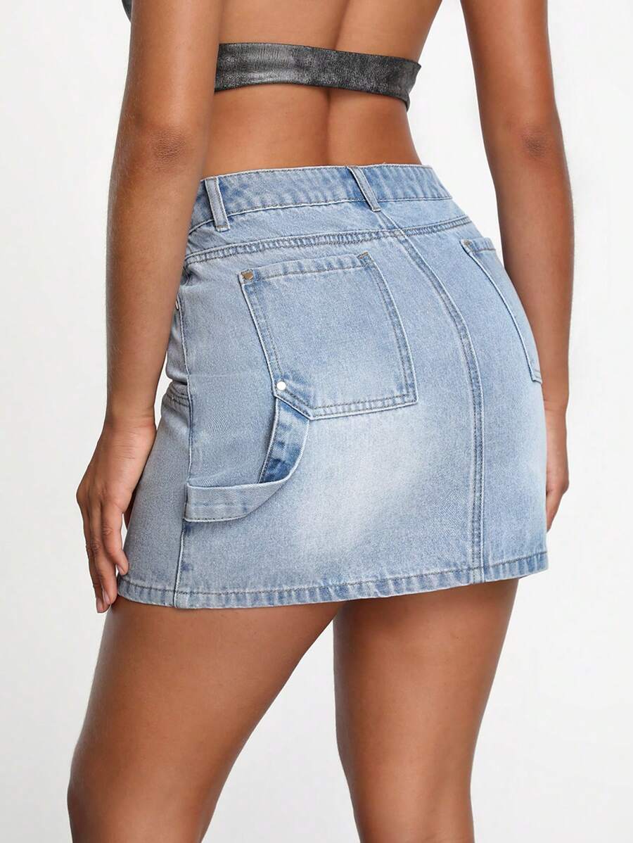 Hunter Kilstrom Designer Blue Denim ALine Skirt With Embroidered