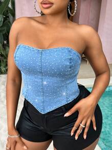 SHEIN SXY 大尺碼夏季休閒度假鑽石裝飾不對稱下擺無肩帶上衣,適用於音樂節服裝 - 藍色 - 查看 1