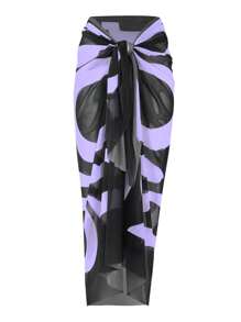 Swim Oasis 夏季海灘大碼印花單肩胸圍＆底褲＆連身裙比基尼套裝 - 淡紫色 - 查看 7