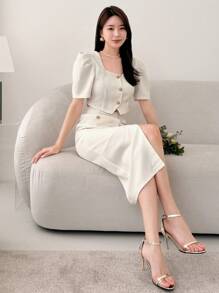Wynsel Bộ 2 món/Bộ đồ vest ngắn tay bồng màu trơn công sở và váy vest - trắng - Xem 5