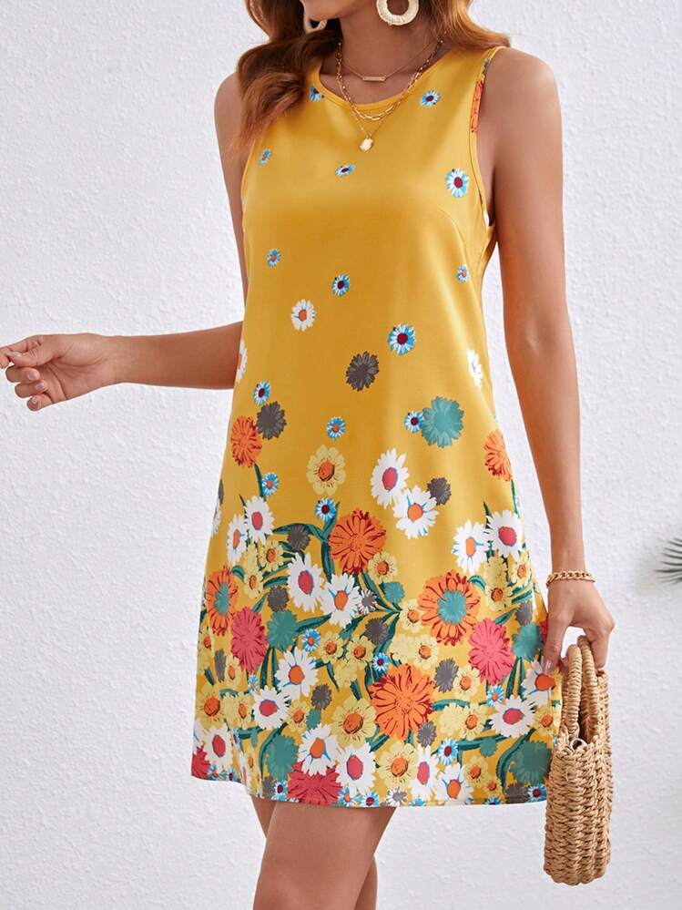 SHEIN VCAY Vestido Sem Mangas Estampado Com Flores Para Mulheres - Amarelo - Visão 3