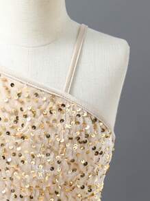 SHEIN Tween Girls'  Sparkly Asymmetrical Shoulder Mid-Length Formal Dress, Suitable For Parties, Birthdays, Performance And Other Occasions, Autumn