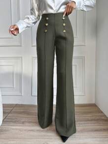 EURMUSE Women's Double-Breasted Button Decoration Pants - Dark Green - View 3