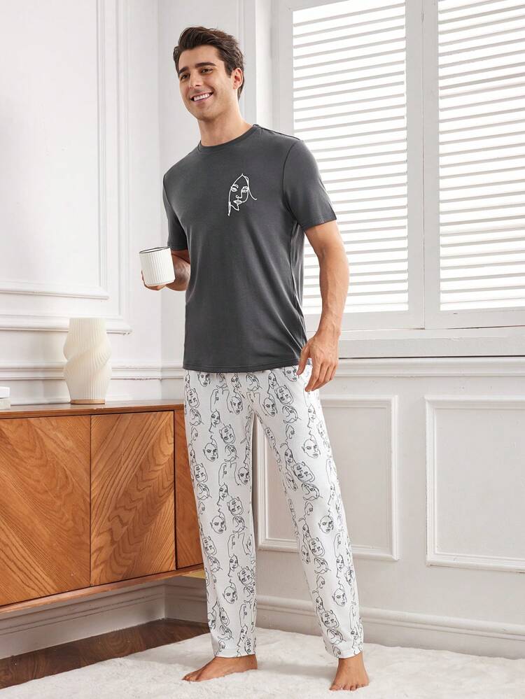 Men's Casual And Comfortable Homewear Set With Portrait Print