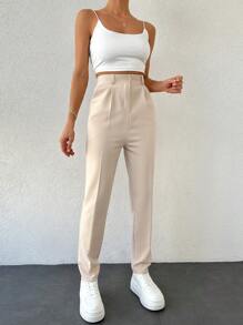 EURMUSE 97%棉纯色褶裥斜插口袋锥形西装裤 - 米色 - 查看 4