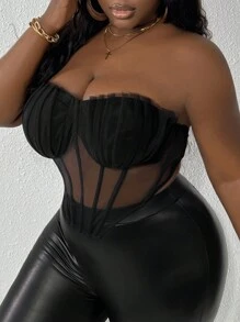 Slaydiva 性感網紗透視無肩帶加大尺碼女士上衣