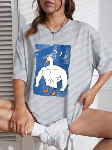 INAWLY Funny Cartoon Printed Drop Shoulder T-Shirt Graphic Tees Women Tops - Grey - View 3