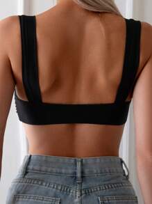 Swim Basics Summer Beach Solid Color Ruched V-Neck Tank Style Swimwear Top - Black - View 2