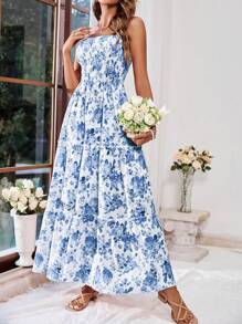 SHEIN VCAY Vestido de tirantes de espagueti para vacaciones con estampado floral en toda la prenda