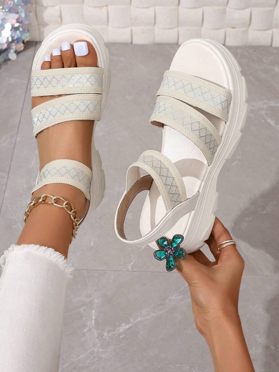 Sandalias De Plataforma De Fondo Grueso Con Banda Elástica Para Mujeres, Adecuadas Para Uso Casual - Blanco - Ver 1